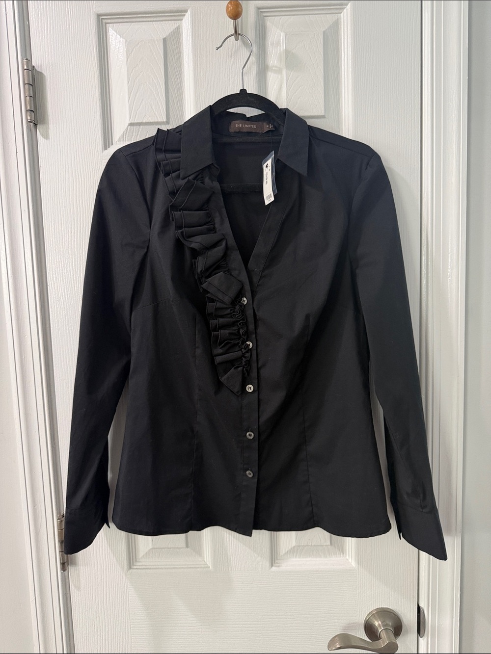 The Limited Black Ruffle Front Button-Down Shirt NWT M Office Siren